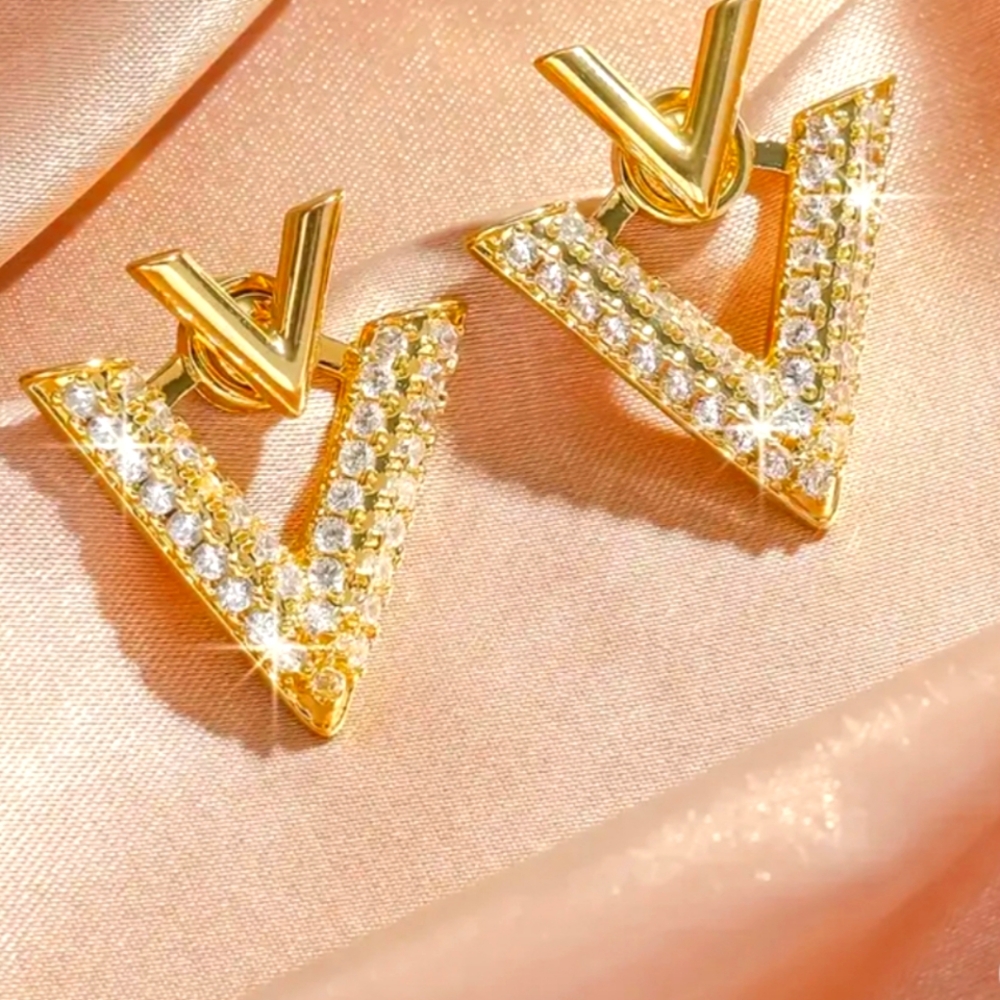Gold V Shaped Crystal Earrings